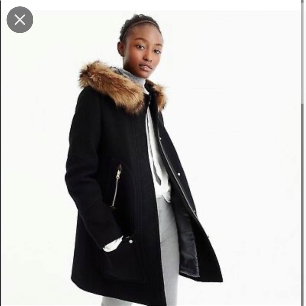 JCREW: wool coat in black with faux fur hood. Size:4. Gently worn.